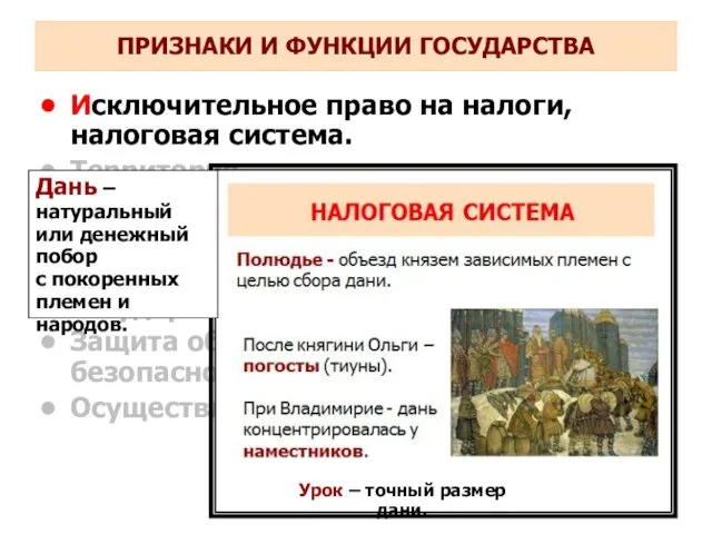 Исключительное право на налоги, налоговая система. Территория. Особый аппарат власти и