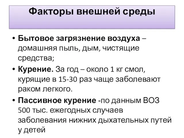 Факторы внешней среды Бытовое загрязнение воздуха – домашняя пыль, дым, чистящие