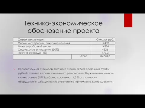 Технико-экономическое обоснование проекта Первоначальная стоимость заточного станка 3Е648Е составляет 923307 рублей,