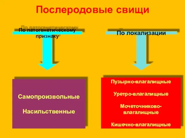 Послеродовые свищи По локализации Пузырно-влагалищные Уретро-влагалищные Мочеточниково-влагалищные Кишечно-влагалищные По патогенетическому признаку Самопроизвольные Насильственные