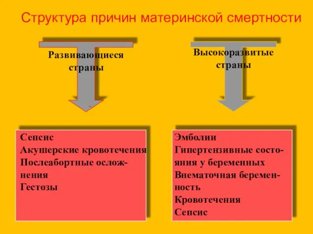 Структура причин материнской смертности - Развивающиеся страны Высокоразвитые страны Сепсис Акушерские