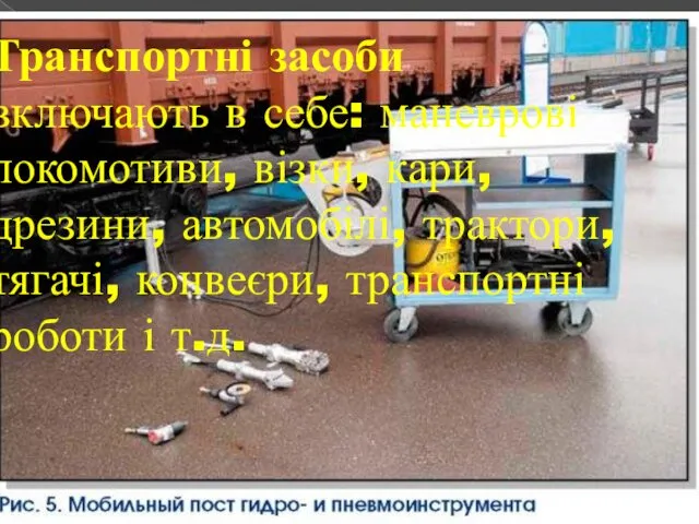 Транспортні засоби включають в себе: маневрові локомотиви, візки, кари, дрезини, автомобілі,