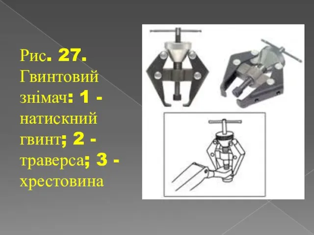 Рис. 27. Гвинтовий знімач: 1 - натискний гвинт; 2 - траверса; 3 - хрестовина