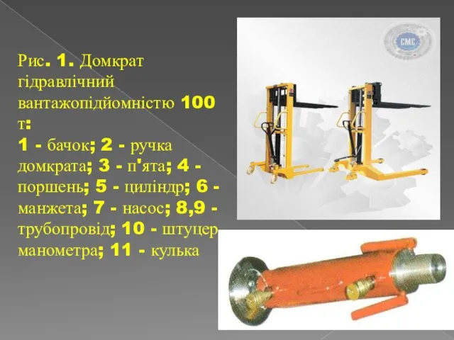 Рис. 1. Домкрат гідравлічний вантажопідйомністю 100 т: 1 - бачок; 2