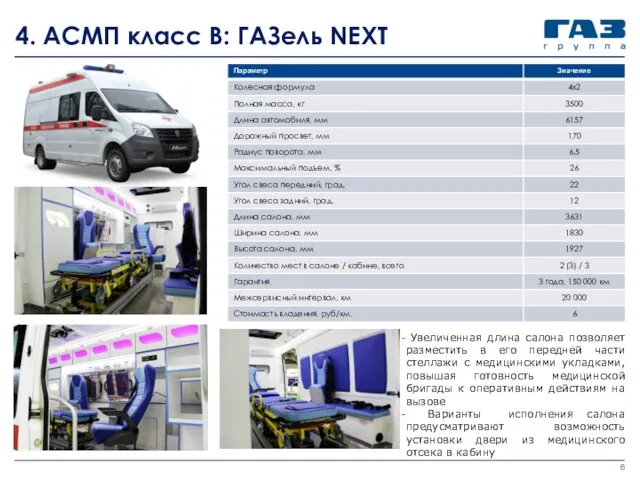 4. АСМП класс B: ГАЗель NEXT Увеличенная длина салона позволяет разместить