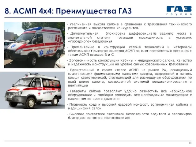 8. АСМП 4х4: Преимущества ГАЗ Увеличенная высота салона в сравнении с