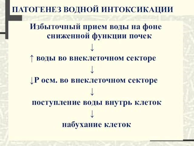 ПАТОГЕНЕЗ ВОДНОЙ ИНТОКСИКАЦИИ Избыточный прием воды на фоне сниженной функции почек