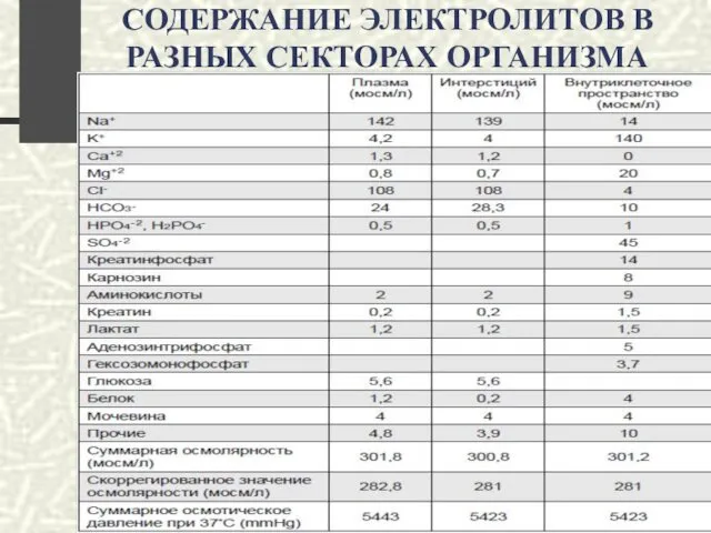 СОДЕРЖАНИЕ ЭЛЕКТРОЛИТОВ В РАЗНЫХ СЕКТОРАХ ОРГАНИЗМА