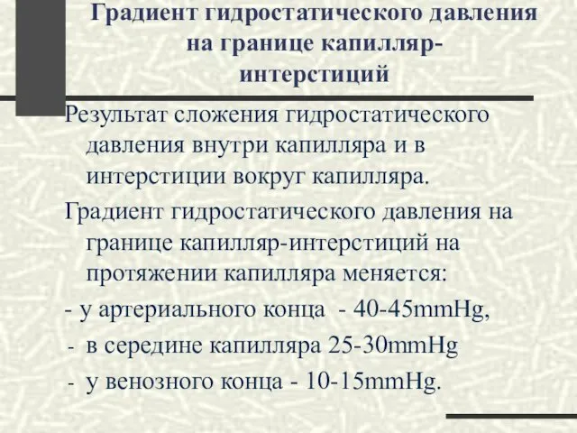 Градиент гидростатического давления на границе капилляр- интерстиций Результат сложения гидростатического давления