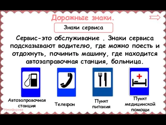 Дорожные знаки. Сервис-это обслуживание . Знаки сервиса подсказывают водителю, где можно