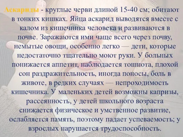 Аскариды - круглые черви длиной 15-40 см; обитают в тонких кишках.