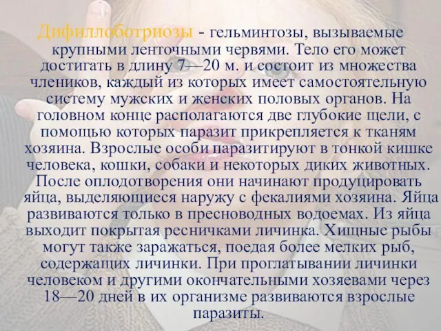 Дифиллоботриозы - гельминтозы, вызываемые крупными ленточными червями. Тело его может достигать