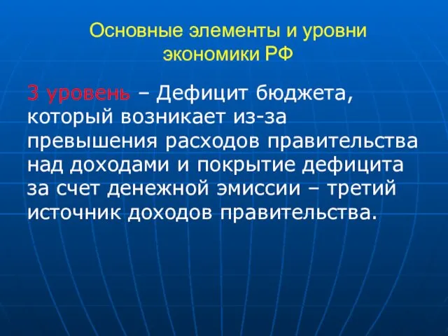 Основные элементы и уровни экономики РФ 3 уровень – Дефицит бюджета,