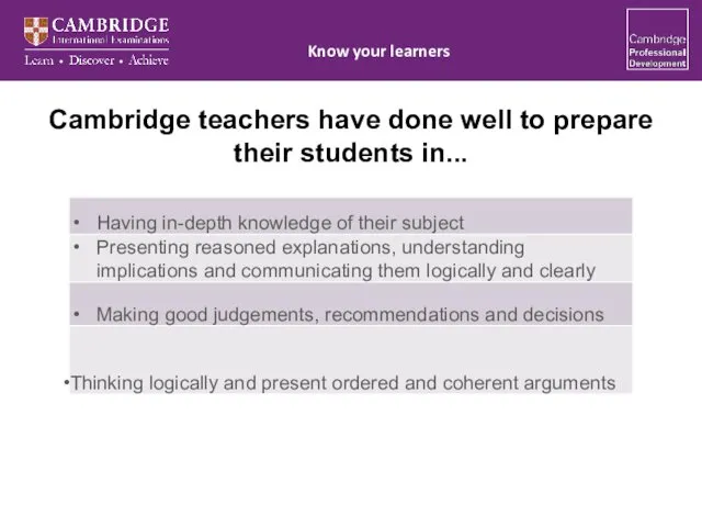 Cambridge teachers have done well to prepare their students in... Know your learners