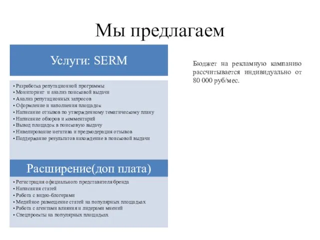 Мы предлагаем Бюджет на рекламную кампанию рассчитывается индивидуально от 80 000 руб/мес.