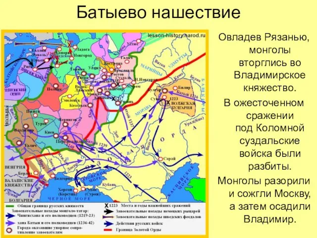 Батыево нашествие Овладев Рязанью, монголы вторглись во Владимирское княжество. В ожесточенном