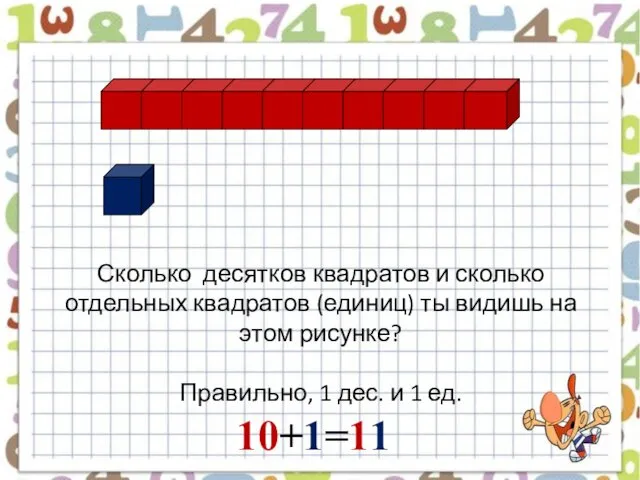 Сколько десятков квадратов и сколько отдельных квадратов (единиц) ты видишь на