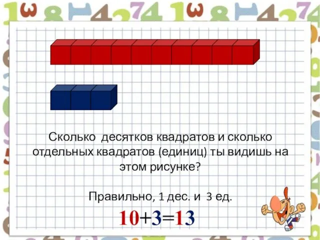 Сколько десятков квадратов и сколько отдельных квадратов (единиц) ты видишь на