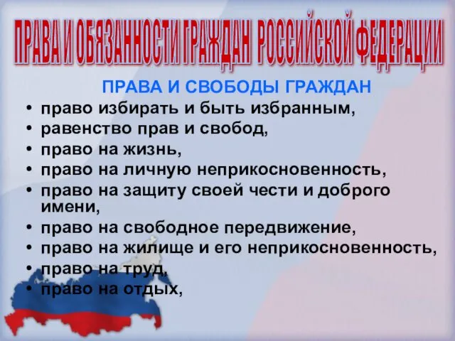 ПРАВА И СВОБОДЫ ГРАЖДАН право избирать и быть избранным, равенство прав