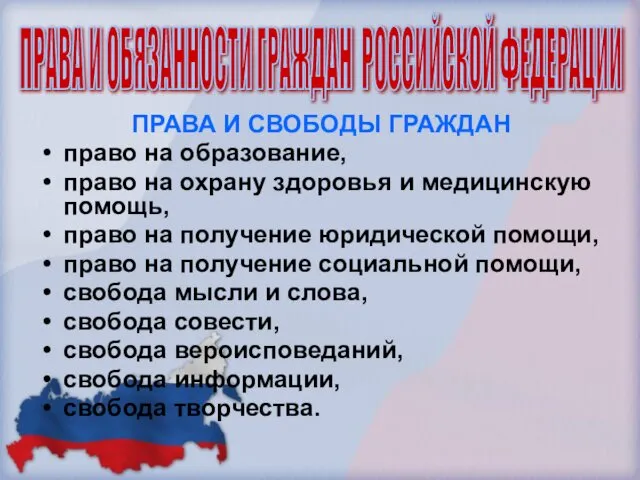 ПРАВА И СВОБОДЫ ГРАЖДАН право на образование, право на охрану здоровья