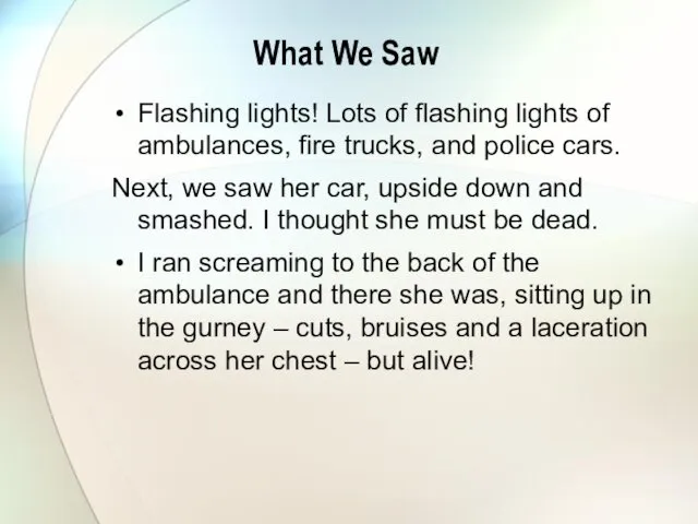 What We Saw Flashing lights! Lots of flashing lights of ambulances,