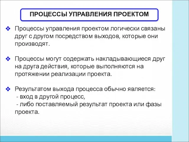 Процессы управления проектом логически связаны друг с другом посредством выходов, которые