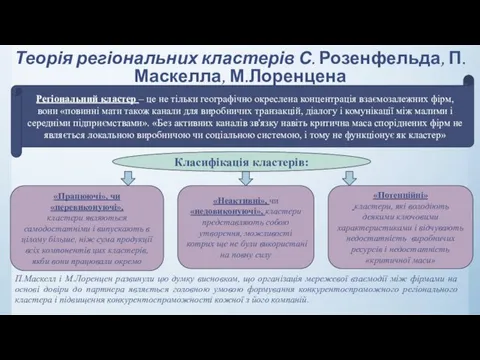 Теорія регіональних кластерів С. Розенфельда, П.Маскелла, М.Лоренцена П.Маскелл і М.Лоренцен развинули