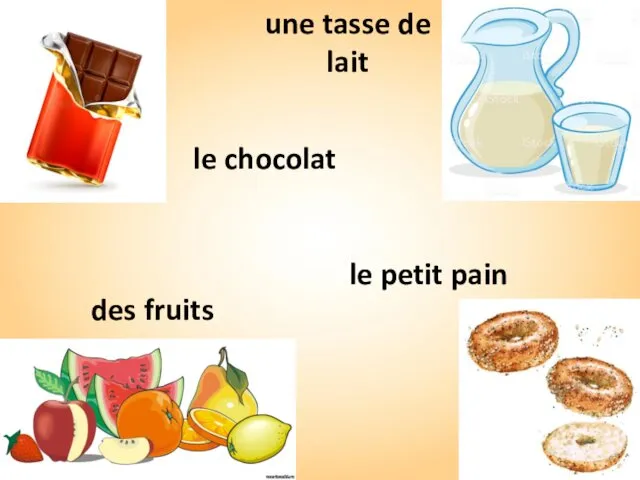 des fruits une tasse de lait le chocolat le petit pain