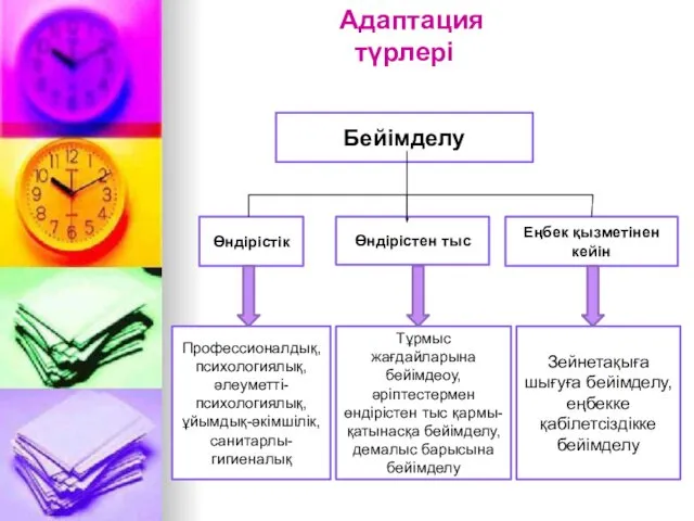 Адаптация түрлері Бейімделу Еңбек қызметінен кейін Өндірістен тыс Өндірістік Зейнетақыға шығуға