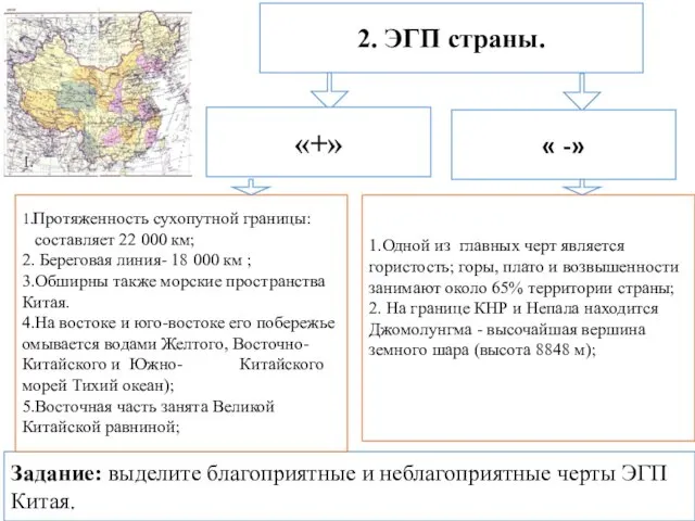 2. ЭГП страны. Задание: выделите благоприятные и неблагоприятные черты ЭГП Китая.