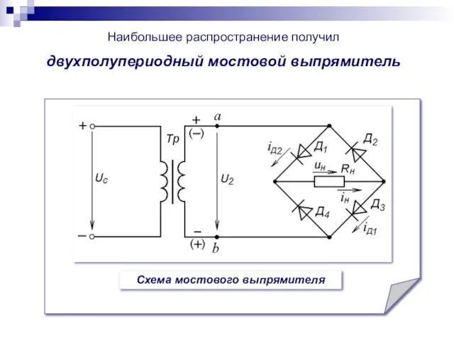 Наибольшее распространение получил двухполупериодный мостовой выпрямитель