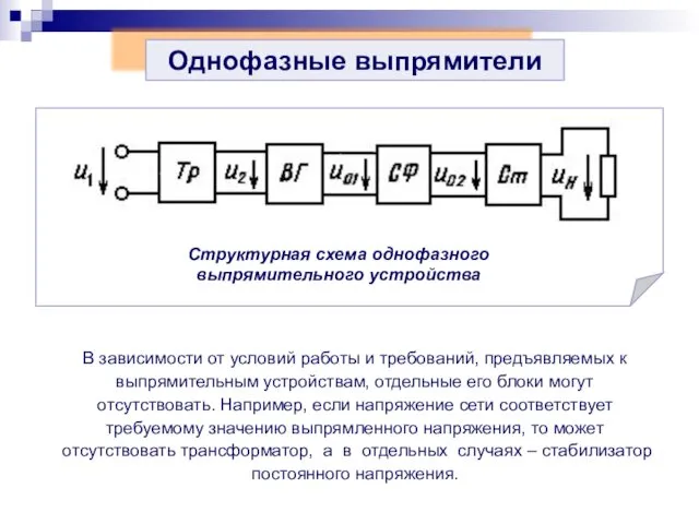 Однофазные выпрямители В зависимости от условий работы и требований, предъявляемых к