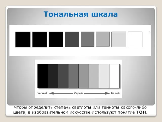 Тональная шкала Чтобы определить степень светлоты или темноты какого-либо цвета, в изобразительном искусстве используют понятие ТОН.