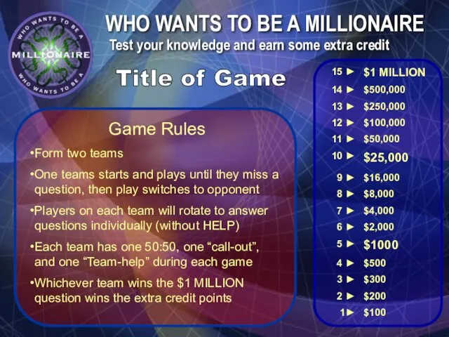 WHO WANTS TO BE A MILLIONAIRE Test your knowledge and earn