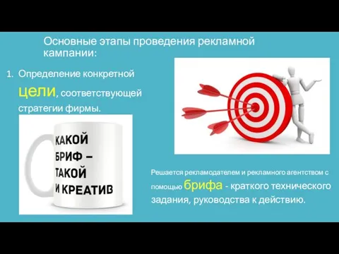 Основные этапы проведения рекламной кампании: Определение конкретной цели, соответствующей стратегии фирмы.