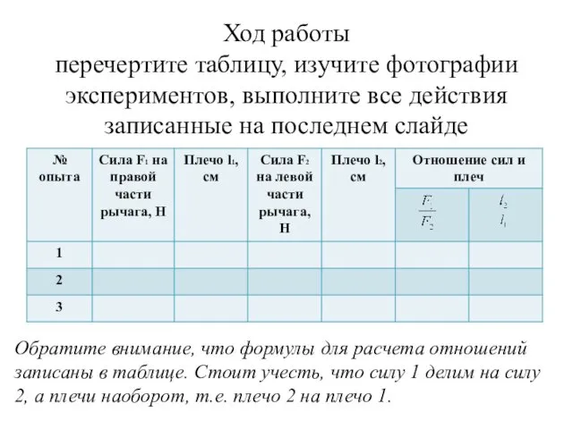 Ход работы перечертите таблицу, изучите фотографии экспериментов, выполните все действия записанные