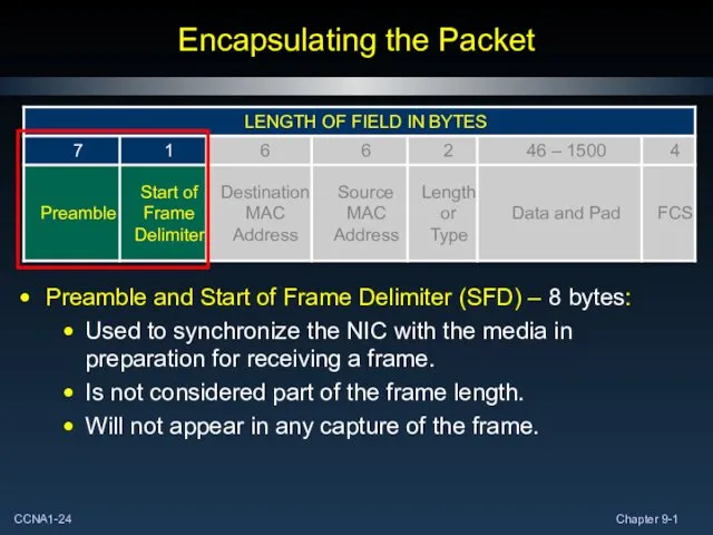 Encapsulating the Packet Preamble and Start of Frame Delimiter (SFD) –