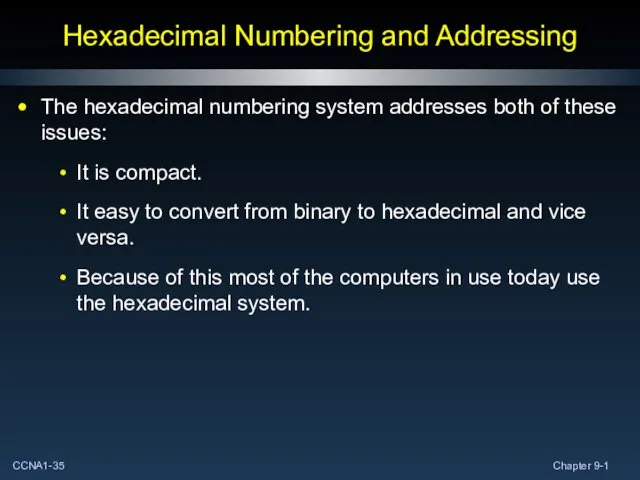 Hexadecimal Numbering and Addressing The hexadecimal numbering system addresses both of