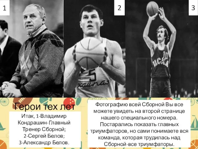 Герои тех лет Итак, 1-Владимир Кондрашин-Главный Тренер Сборной; 2-Сергей Белов; 3-Александр