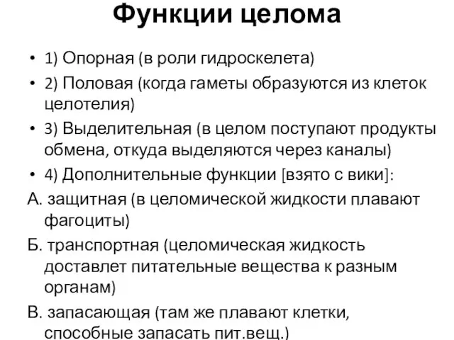 Функции целома 1) Опорная (в роли гидроскелета) 2) Половая (когда гаметы