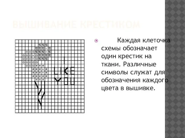 ВЫШИВАНИЕ КРЕСТИКОМ Каждая клеточка схемы обозначает один крестик на ткани. Различные