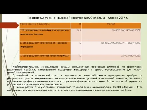 Показатели уровня налоговой нагрузки ОсОО «Абдыш – Ата» за 2017 г.