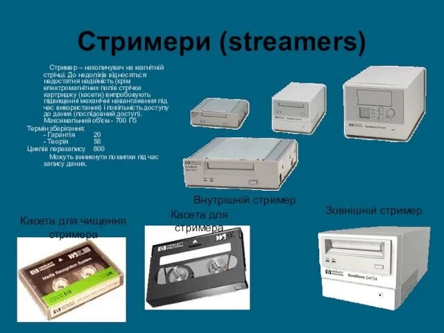 Стримери (streamers) Стример – накопичувач на магнітній стрічці. До недоліків відносяться