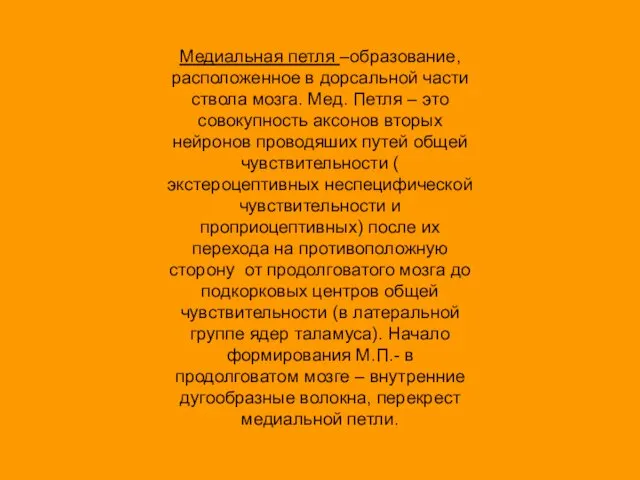 Медиальная петля –образование, расположенное в дорсальной части ствола мозга. Мед. Петля