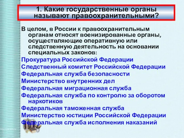 В целом, в России к правоохранительным органам относят военизированные органы, осуществляющие