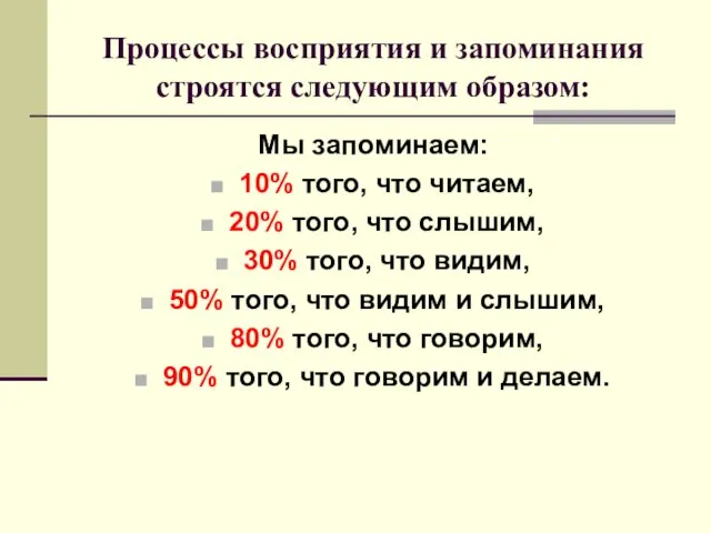 Процессы восприятия и запоминания строятся следующим образом: Мы запоминаем: 10% того,