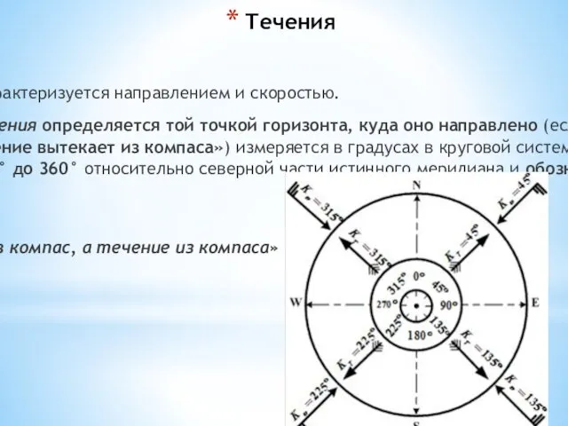 Течения Любое течение характеризуется направлением и скоростью. Направление течения определяется той