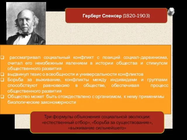 Герберт Спенсер (1820-1903) рассматривал социальный конфликт с позиций социал-дарвинизма, считал его