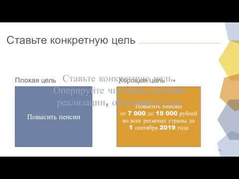 Ставьте конкретную цель Повысить пенсии Плохая цель Повысить пенсию от 7