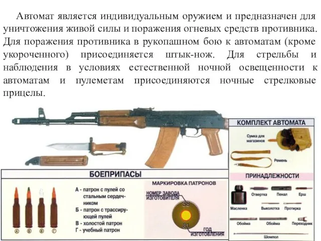 Автомат является индивидуальным оружием и предназначен для уничтожения живой силы и